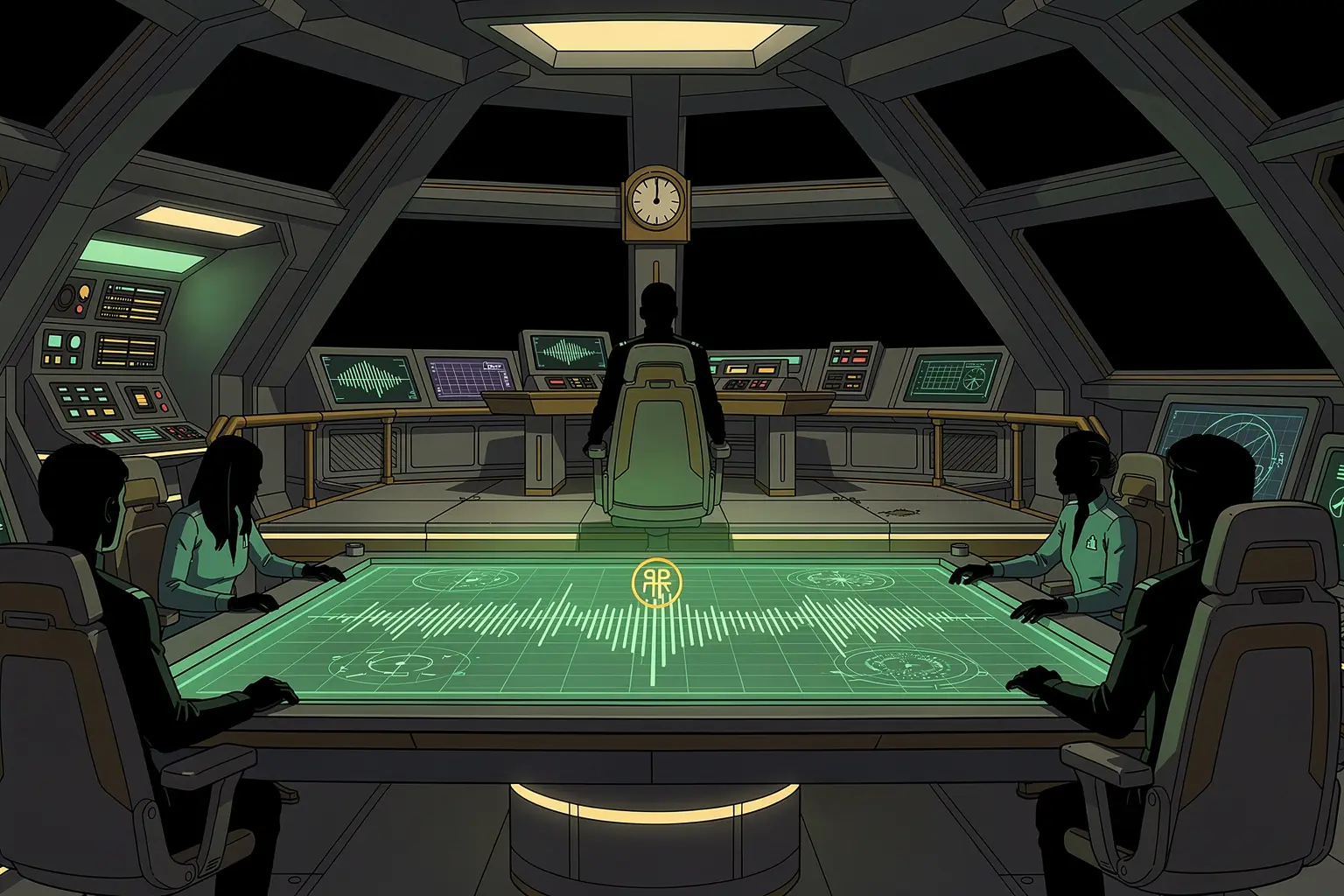 The bridge holo table squeezes four mismatched sensor traces onto one shared scale while a lone ringed sample hangs apart.