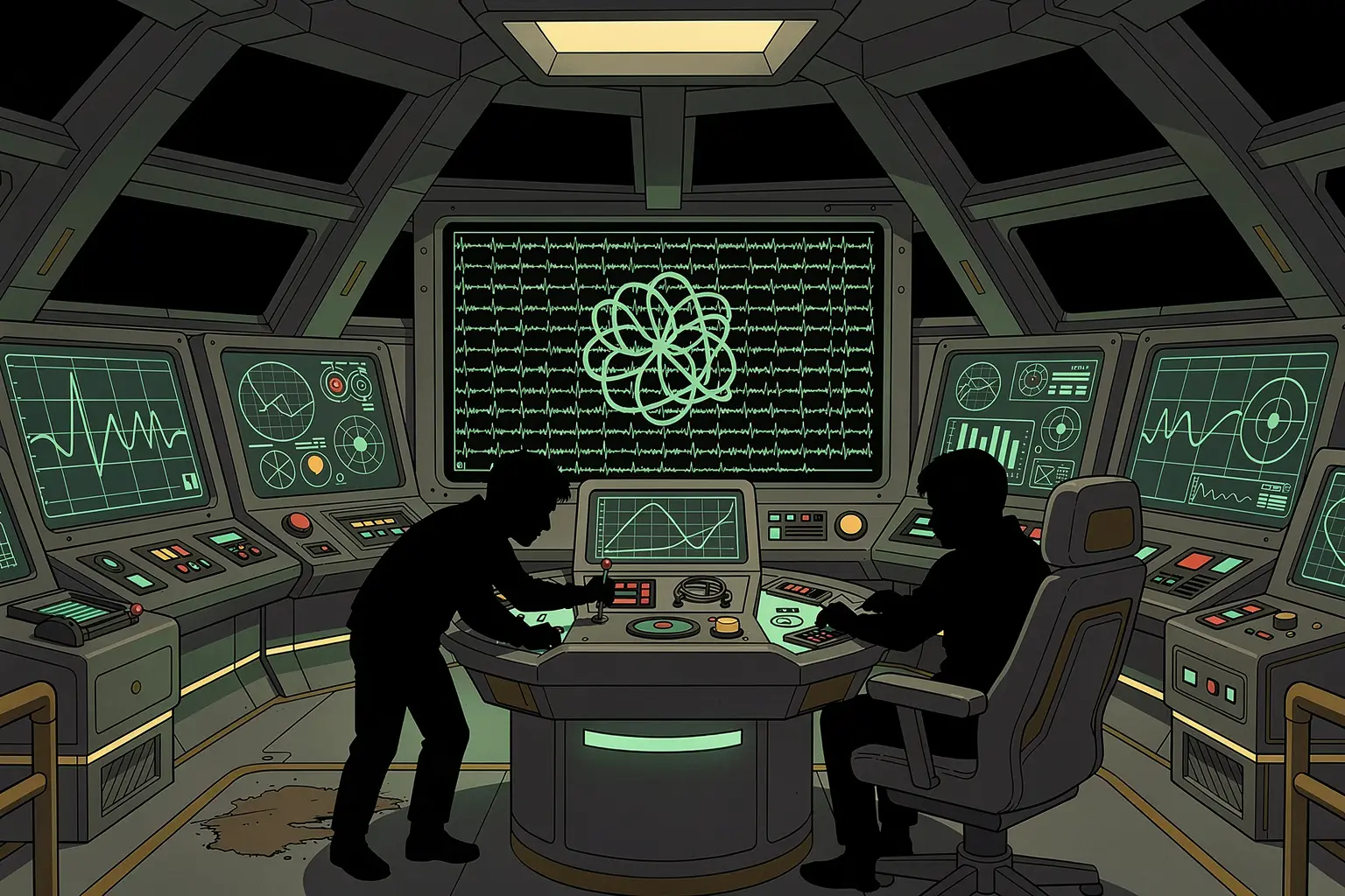 Nazari leans over Demir's bridge console, where sixty-four channel traces have snarled into a frozen knot.
